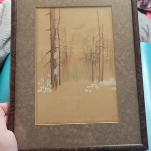 Vintage Hand Painted Landscape Trees Forest Snow In Frame Signed MMG